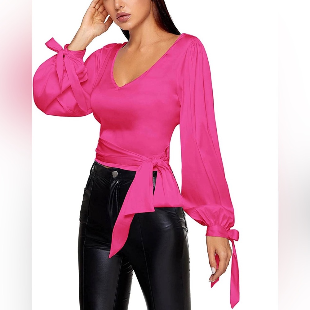 NEW IN PACKAGING Women's Elegant V Neck Self Tie Knot Long Sleeve Satin Blouse